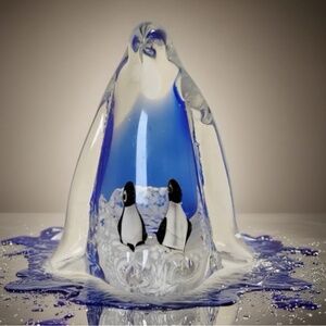 🐧 Stunning Blue & Clear Art Glass Penguin Figurine Sculpture - Murano Style